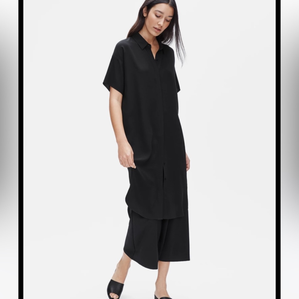 Eileen Fisher silk Georgette crepe shirt dress - black - small